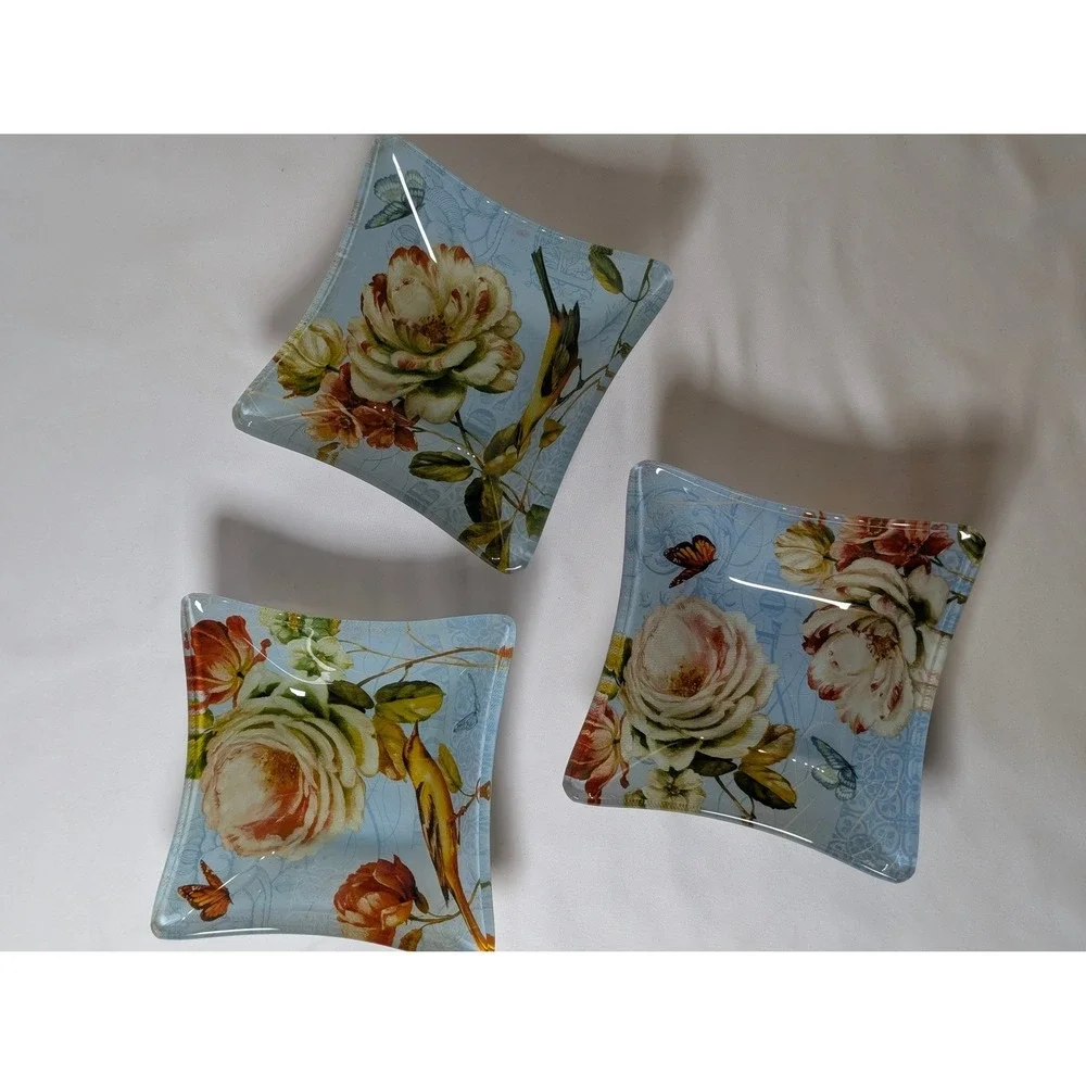Set of 3 Lisa Audit Glass Trinket Dishes Floral Bird Butterfly Square Blue